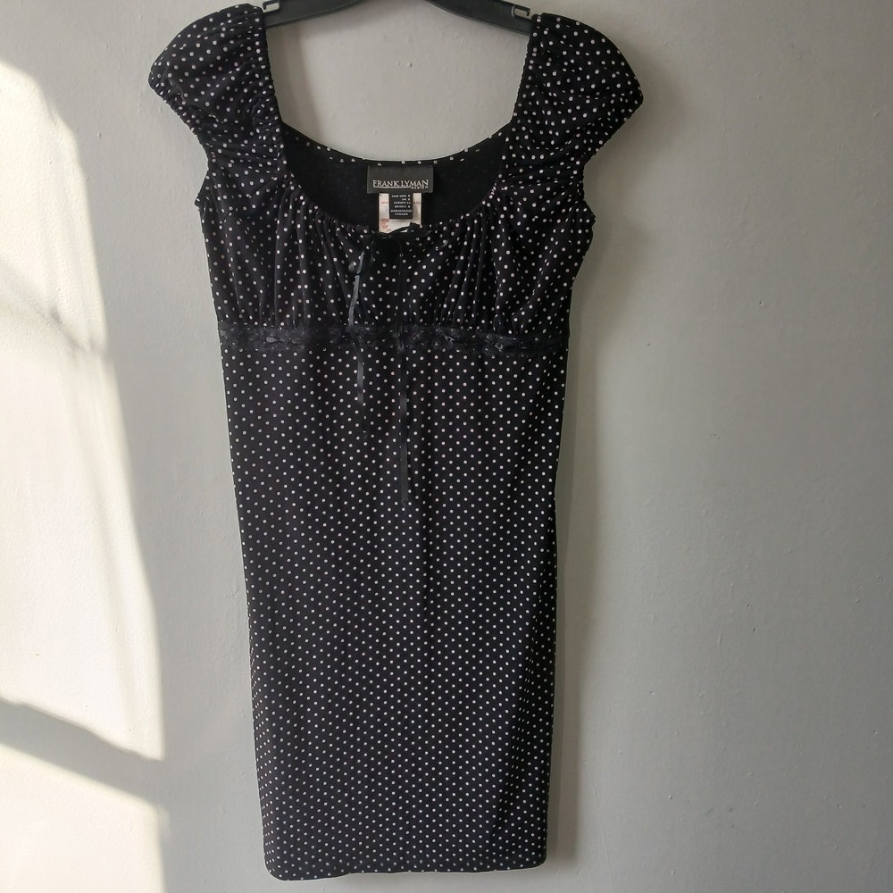 Frank Lyman‎ Design Size 6 Y2K Dress Polka Dot Sleeveless Bow Black White Mini